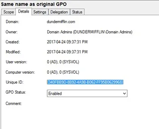 GPO properties showing Unique ID