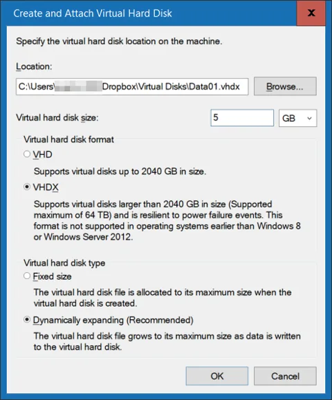 Virtual hard drive configuration dialog