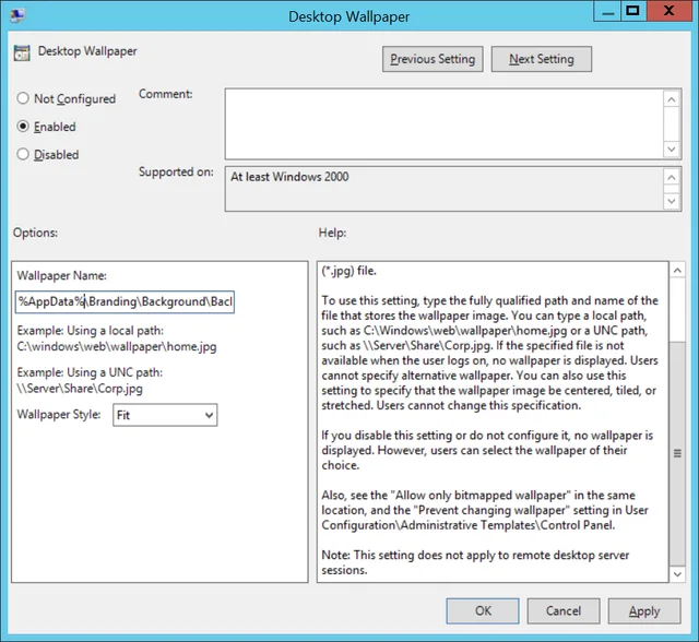 Desktop background policy with fill style setting