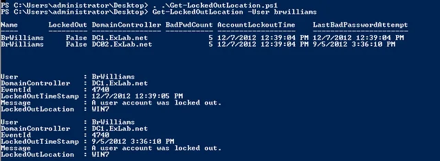 PowerShell Get-LockedOutLocation script output