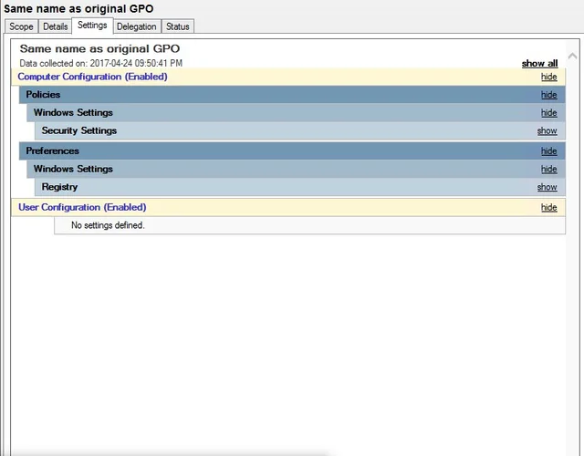 GPO Settings tab now displaying restored settings