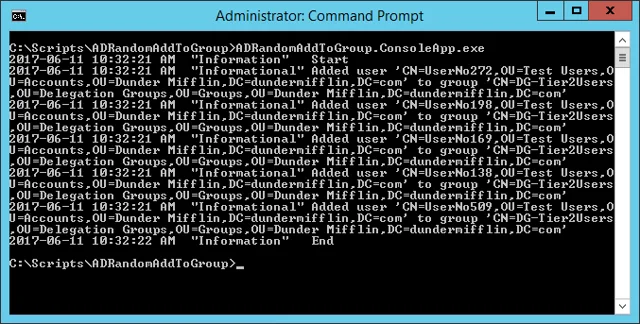 ADRandomAddToGroup console execution output