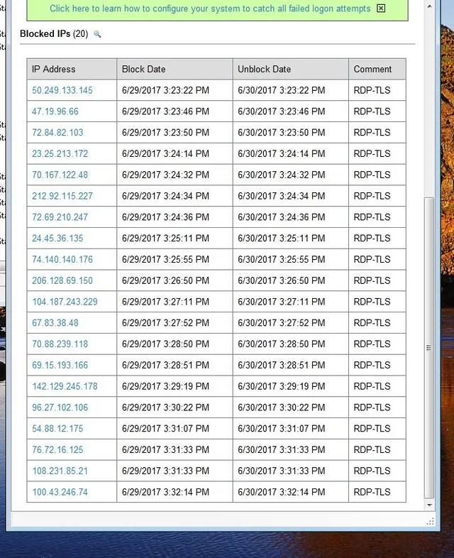 RDP brute-force attack attempts in event log