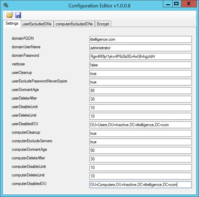 ADCleanup Configurator Settings tab with cleanup options