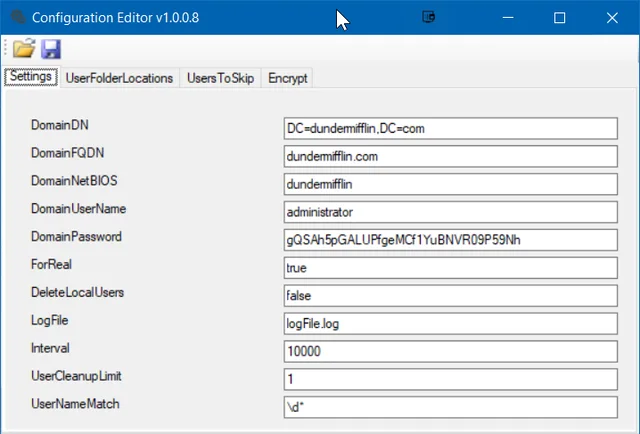 Configuration Editor Settings tab with domain details, encrypted password, ForReal, LogFile, Interval and UserNameMatch values