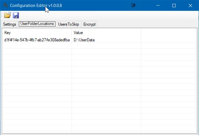 Configuration Editor UserFolderLocations tab listing D:\UserData as the folder monitored for redundant user data