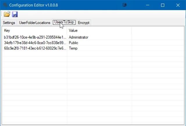 Configuration Editor UsersToSkip tab listing Administrator, Public and Temp as user folders to skip