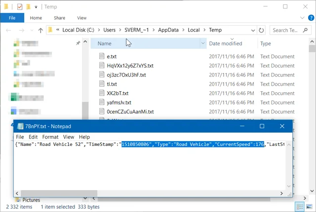 Sample JSON vehicle telemetry data content