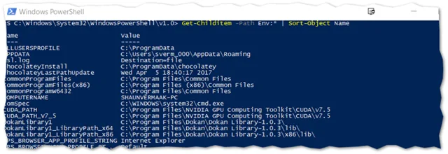 PowerShell environmental variables list output