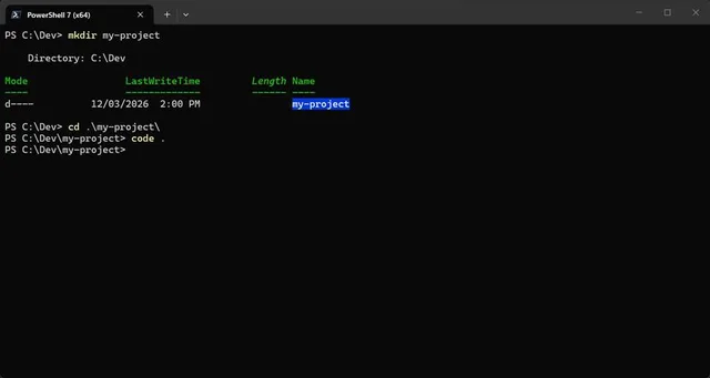 PowerShell creating a my-project folder with mkdir, changing into it and opening it in VS Code with code .