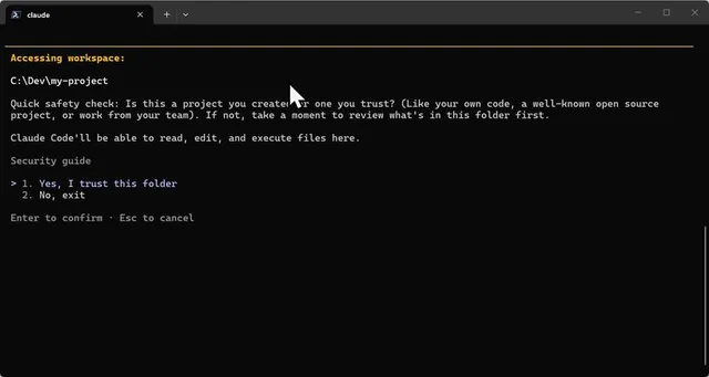 Claude Code workspace trust prompt for C:\Dev\my-project with Yes, I trust this folder selected
