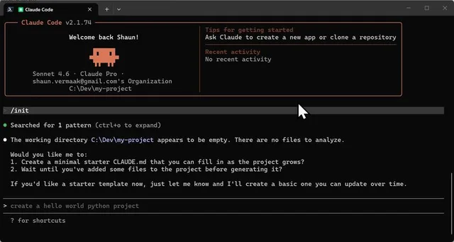 Claude Code /init reporting an empty project folder and offering to create a minimal starter CLAUDE.md or wait