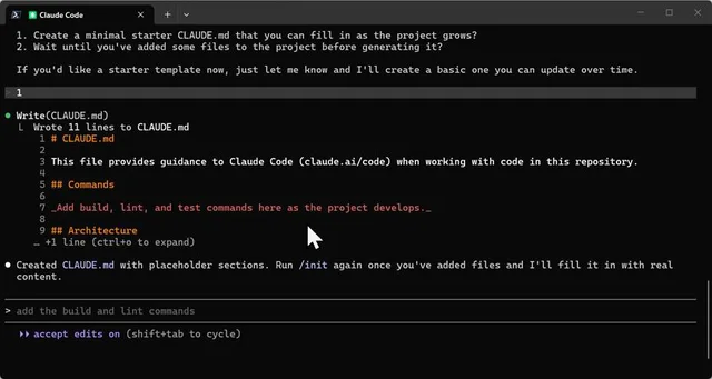 Claude Code writing 11 lines to CLAUDE.md with placeholder Commands and Architecture sections