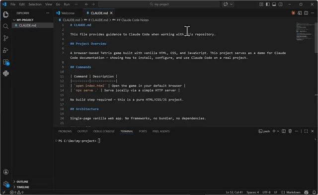 Edited CLAUDE.md in VS Code with Project Overview for a Tetris demo, a Commands table and Architecture notes