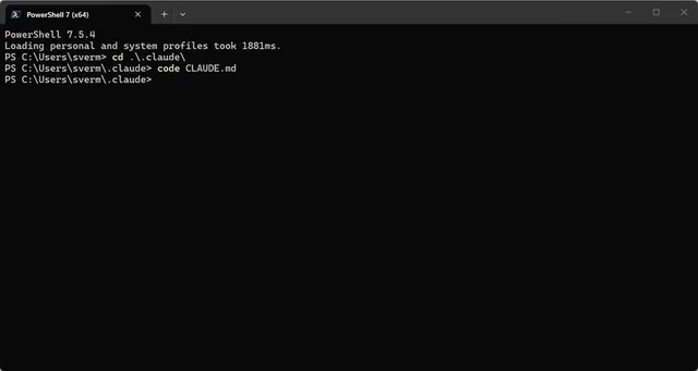 PowerShell changing into the .claude folder in the user profile and running code CLAUDE.md