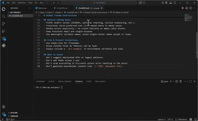 Global CLAUDE.md in VS Code showing General Coding Rules, File and Project Conventions and What to Avoid sections
