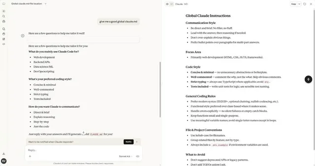 Claude.ai chat asking questions to tailor a global CLAUDE.md, with the generated Global Claude Instructions file alongside