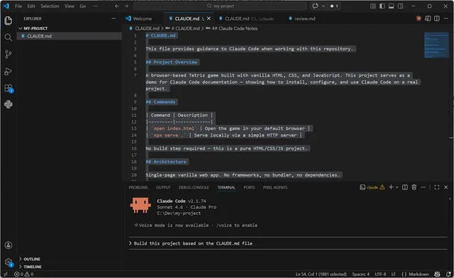 VS Code with CLAUDE.md open and the prompt Build this project based on the CLAUDE.md file typed into Claude Code