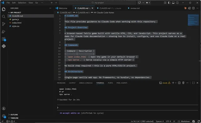 VS Code Explorer now listing game.js, index.html and style.css after Claude Code scaffolded the project