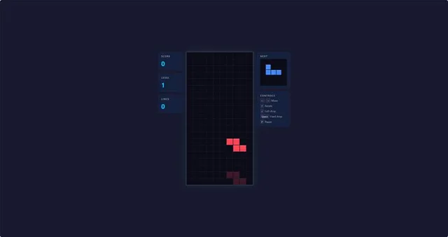 Generated Tetris game running in a browser with score, level, lines, next piece preview and controls panels