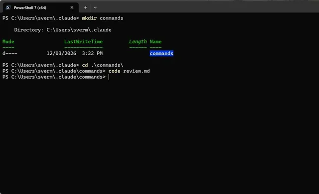 PowerShell creating a commands folder inside .claude, changing into it and opening review.md in VS Code