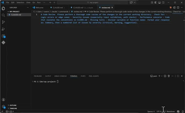 review.md command file in VS Code containing a code review prompt that checks logic, security, performance and tests
