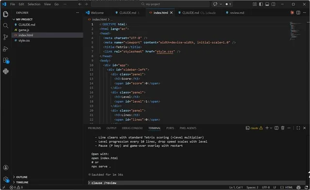 VS Code with index.html open while the /review command is typed into Claude Code in the terminal