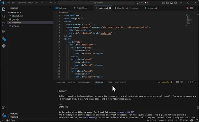 Claude Code /review output in the VS Code terminal showing a Summary and a Critical rotation algorithm issue in game.js