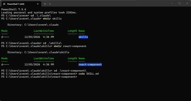 PowerShell creating skills and react-component folders under .claude and opening SKILL.md in VS Code