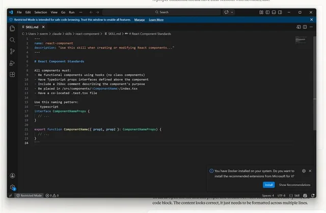 SKILL.md for the react-component skill in VS Code, with name and description frontmatter and React Component Standards