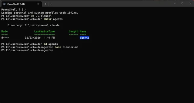 PowerShell creating an agents folder inside .claude, changing into it and opening planner.md in VS Code