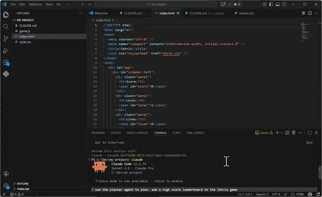 Claude Code prompt in VS Code asking the planner agent to plan a high score leaderboard for the Tetris game