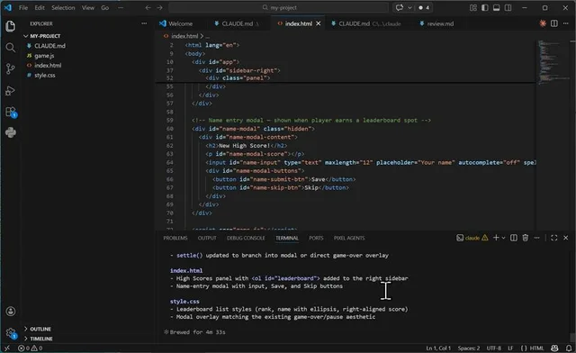 index.html in VS Code showing the new name-entry modal markup, with Claude Code summarising leaderboard changes below