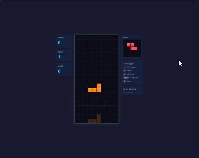Tetris game in the browser with a new High Scores panel in the right sidebar showing No scores yet