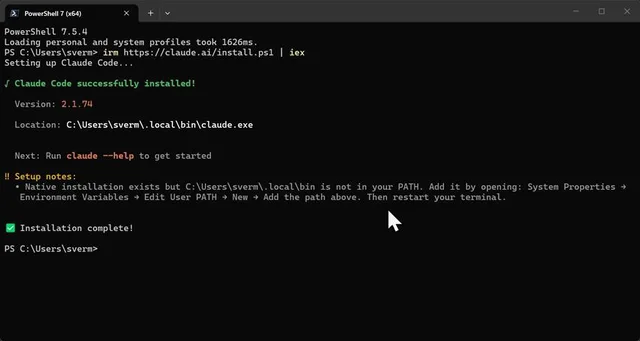 PowerShell output confirming Claude Code successfully installed, showing version 2.1.74, install location and a PATH setup note