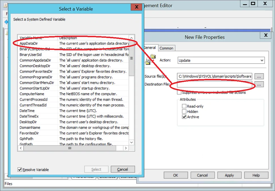 GPO variable reference list for destination path