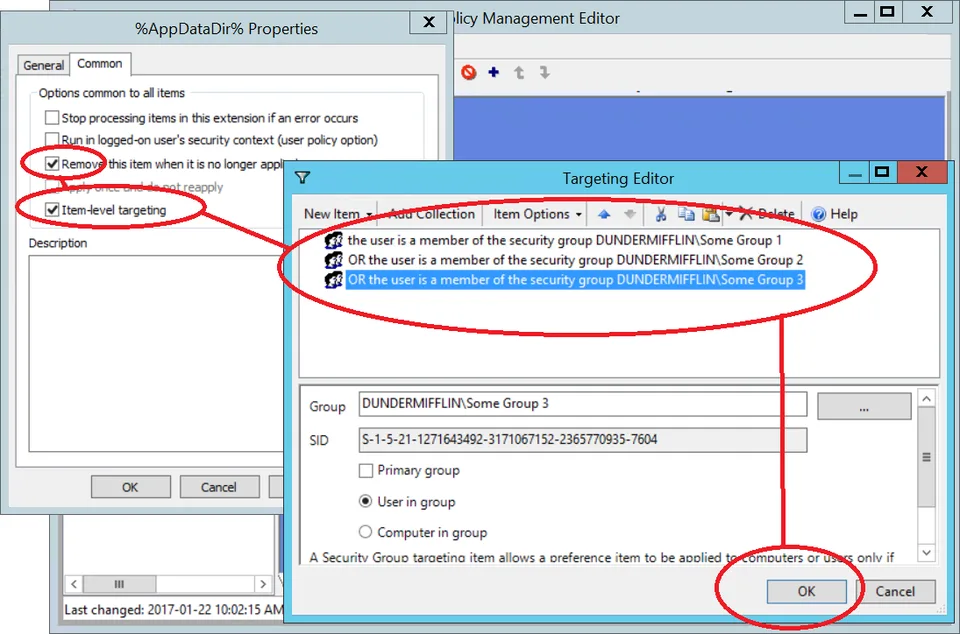 GPO Common tab with item-level targeting and OR filter