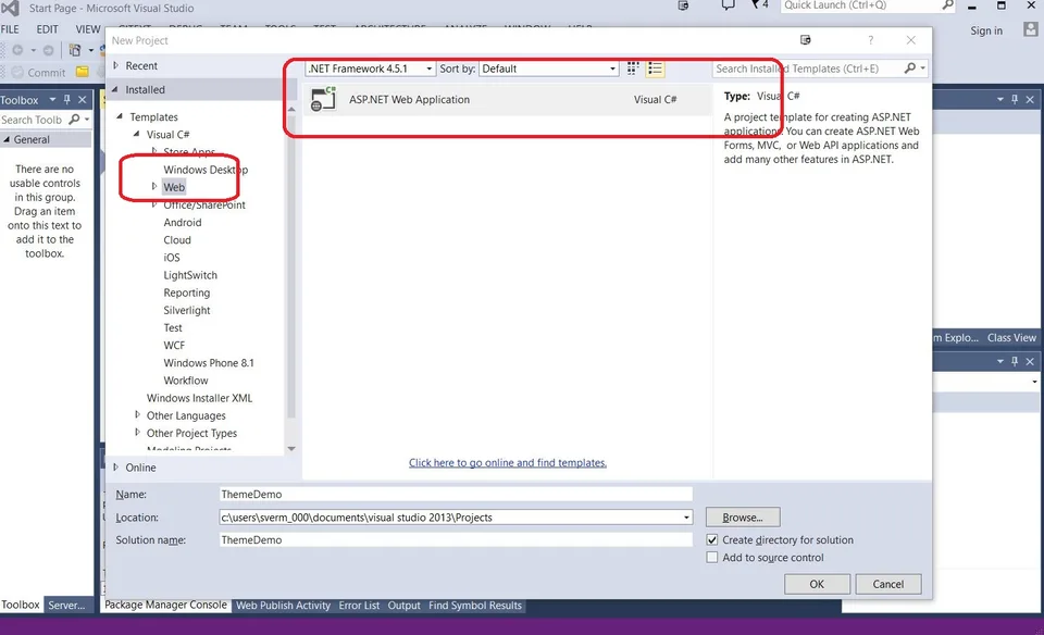 Visual Studio new ASP.NET web application dialog