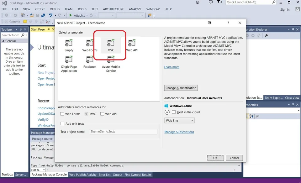 New ASP.NET project MVC template selection