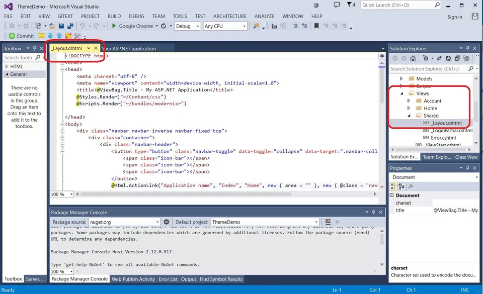 Solution Explorer showing _Layout.cshtml location