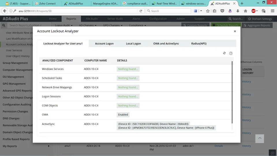 ADAudit Account Lockout Analyzer showing source process