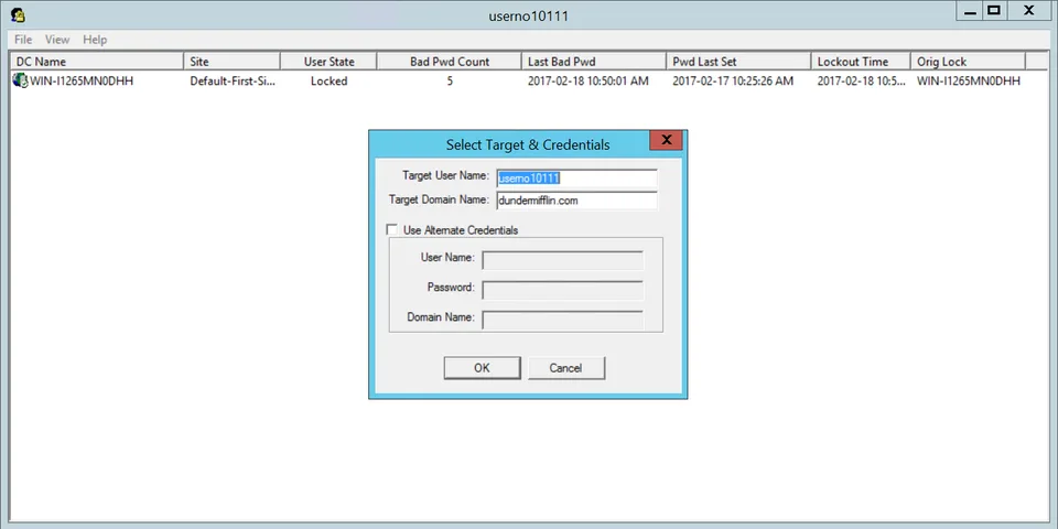 Account Lockout Status tool showing DC lockout info
