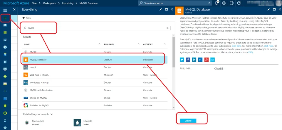 Azure Portal searching for MySQL Database