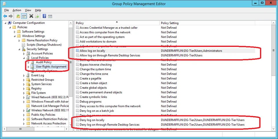 Tier 0 GPO user rights assignment settings