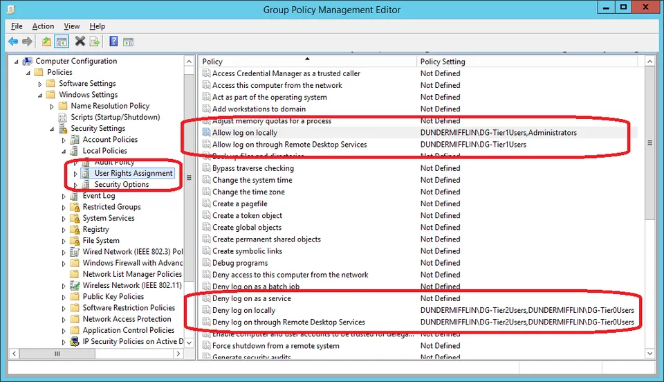 Tier 1 GPO user rights assignment settings