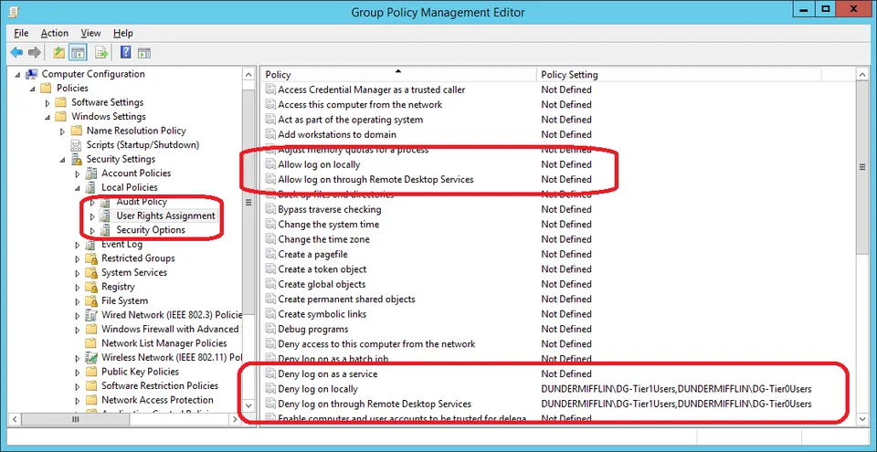 Tier 2 GPO user rights assignment settings
