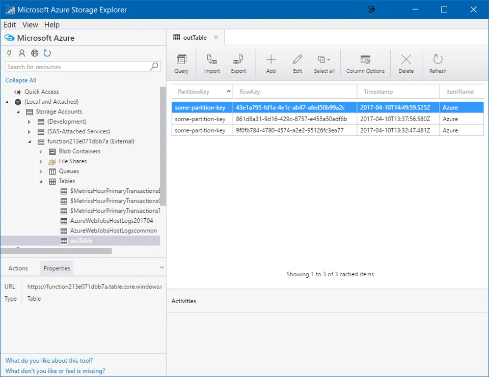 Azure Storage Explorer showing Table Storage entries