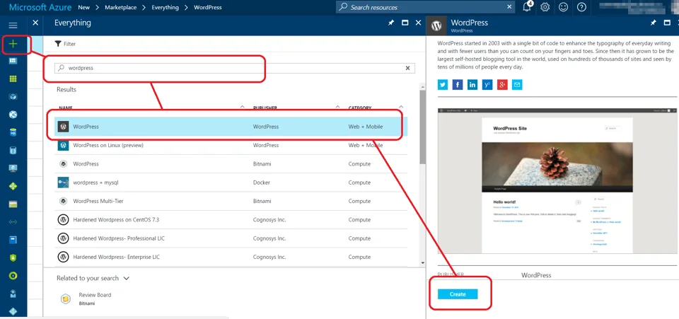 Azure Portal searching for WordPress