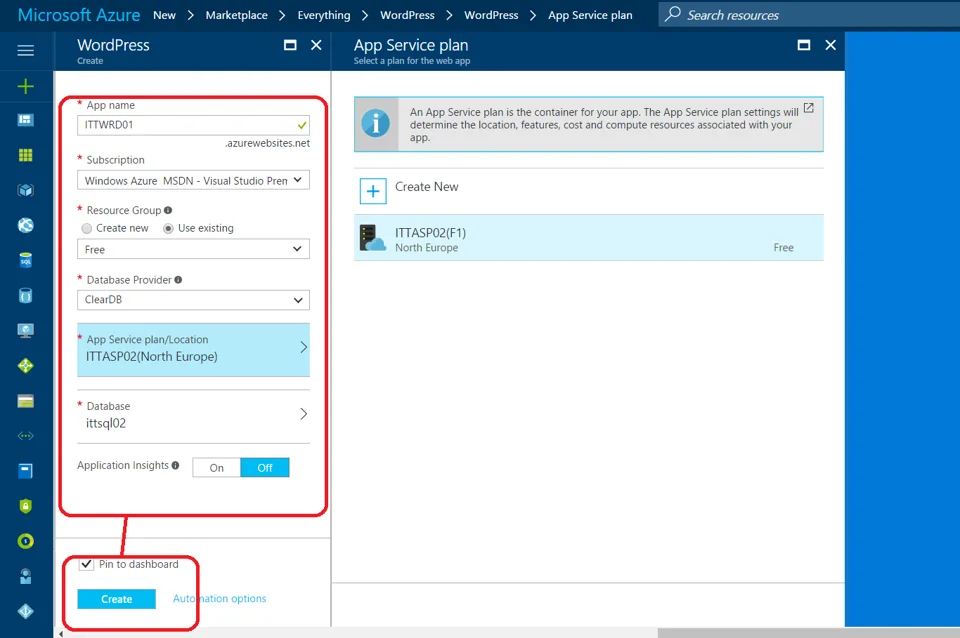 WordPress site configuration with App Service Plan
