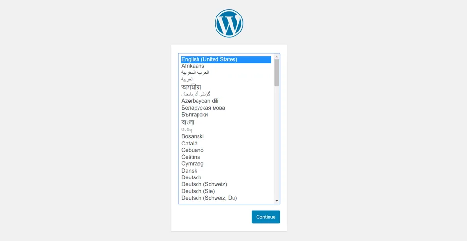 WordPress initial setup wizard in Azure